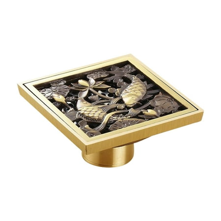 

Creative Copper Floor Drain Square Antique Carving Deodorant Household Anti-blocking Floor Drainer for Bathroom Kitchen (Fish)