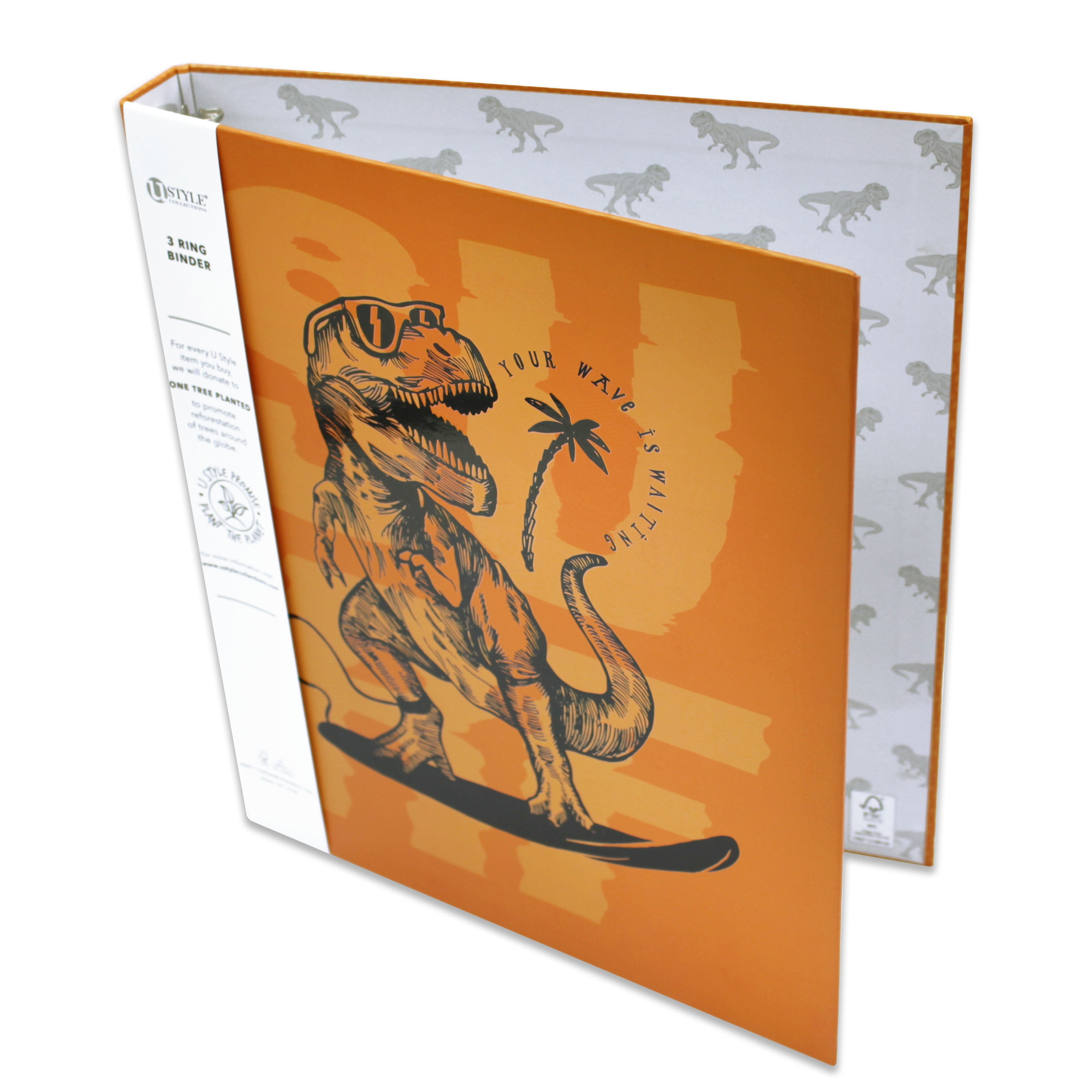 U-Style Dino Diggs 3 Ring Paper Binder, 1 inch, Surfing Dinosaur, 205