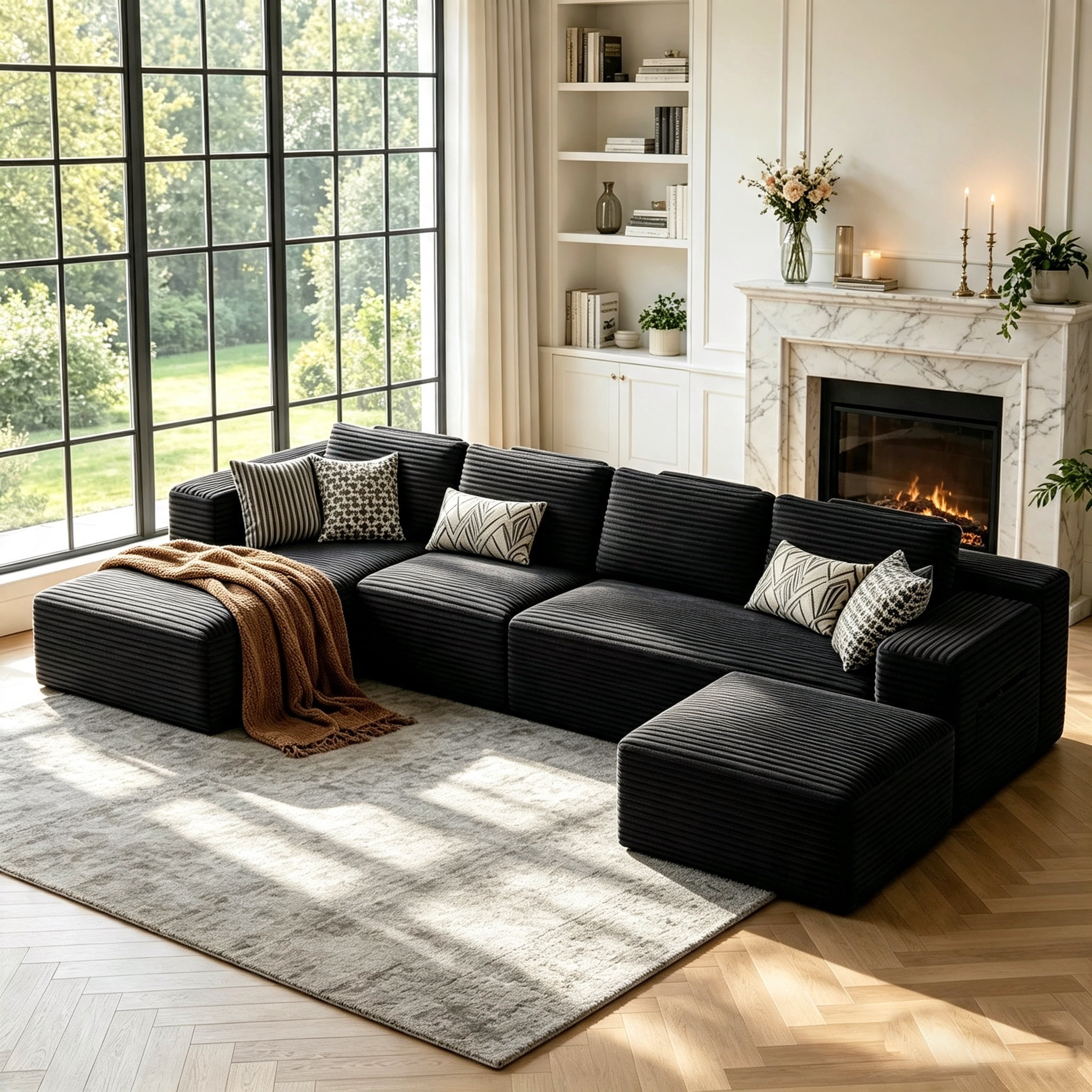 U-Shape Sectional Sofa, Lofka 135'' Modular Sectional Couch with Chaise Lounge, Couch Comfy Corduroy Floor Sofa for Living Room, Corduroy Upholstered 4-Seater Sofa with Pillow Back and Square Arms,