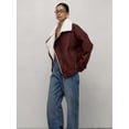 thumbnail image 4 of Chaqueta de cuero Burdeos para mujer, chaquetas cálidas con cremallera y solapa contrastante a la moda para motocicleta, ropa para invierno y otoño 2024, 4 of 5