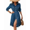 thumbnail image 2 of Women'S Flowy Denim Dress Vacation Lapel Long Puff Sleeve Button Down A Line Swing Ruffle Jean Dress, 2 of 7