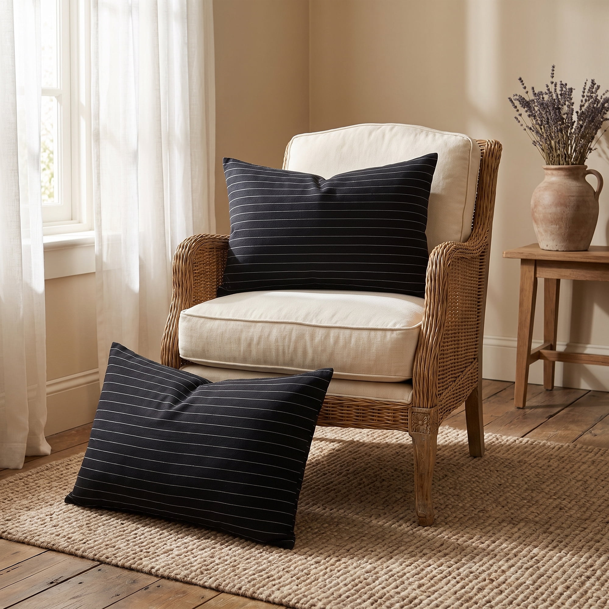 Unique Bargains 2 Pack Fine Stripe Throw Pillow Covers Cotton Blend Cases Black 20"x12"