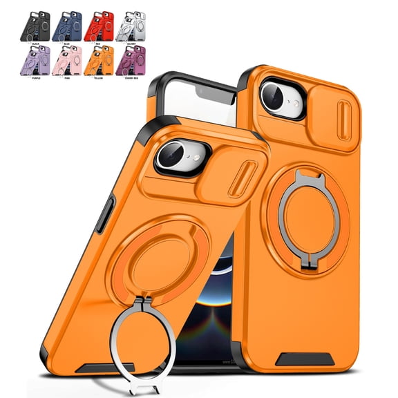 Mynvo for iPhone 16e/ iPhone 17e Case, Shockproof Bumper Rugged Rotating Stand Ring Holder Magnetic Cover Compatible with Car Mount, Orange