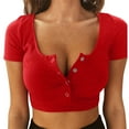 thumbnail image 2 of Womens Button Round Neck Slim Tank Top Crop Top Short Sleeve T-Shirt Blouse, 2 of 5