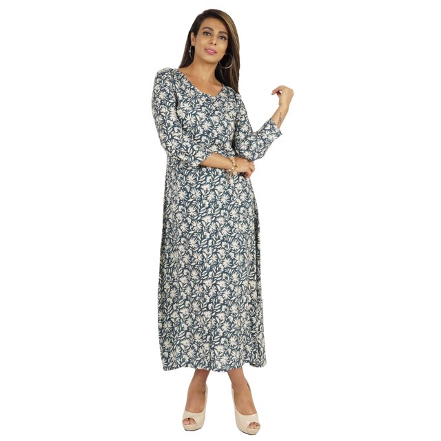 Bimba Robe Maxi Imprimée pour Femmes, Patte de Boutonnage avant, Robe Ethnique, Robes Décontractées en Rayonne