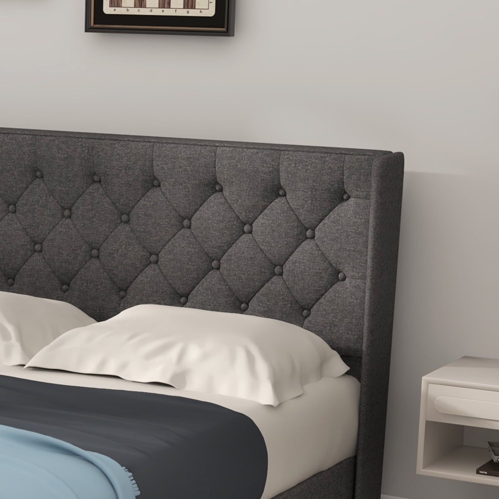 Furnibear Queen Bed Frame with Headboard, Upholstered Platform Bed with Diamond Button Tufted Wingback Headboard, No Box Spring, Gray