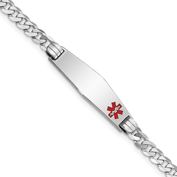 14K White Gold Wg Medical Soft Diamond Shape Red Enamel Flat Curb Link Id Bracelet (7 X 7.5) Made In United States xm587fcw-7