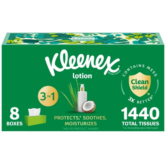Kleenex Lotion Facial Tissues with Coconut AIS1 Oil, 8 Flat Boxes, 180 Tissues Per Box, 3-Ply