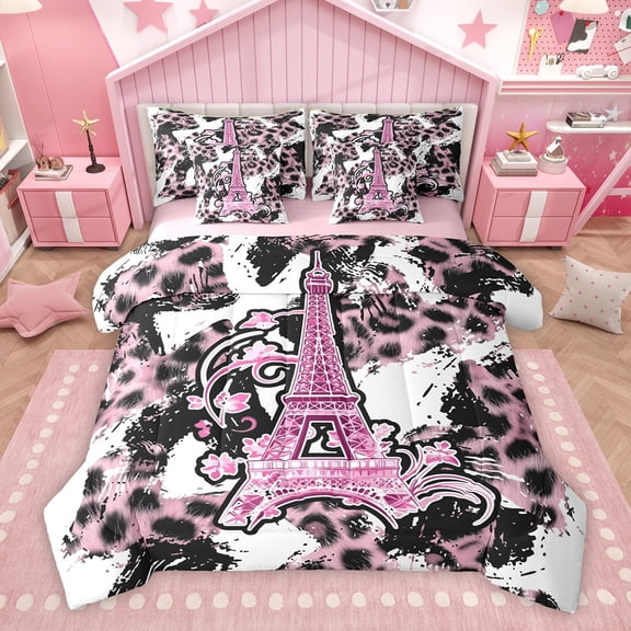 Homewish Pink Eiffel Tower Twin Bedding Sets 7-Piece for Girls, Fashion Leopard Cheetah Print Bedding Comforter Set, Anniversary Reversible Sheet Sets, Luxury Bedroom Decor