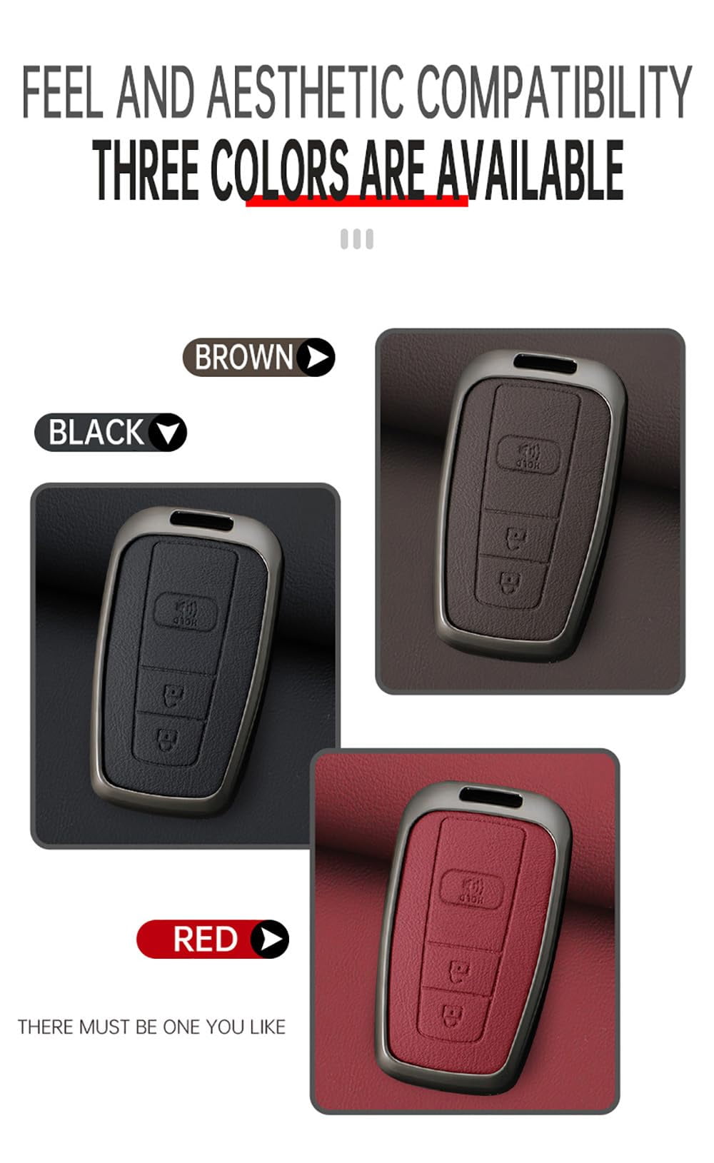 3 Button Key Fob Cover Compatible with Toyota 4Runner 2016-2024 RAV4 Camry Prius Prado Key Leather & Alloy Key Cover Accessories with Keychians