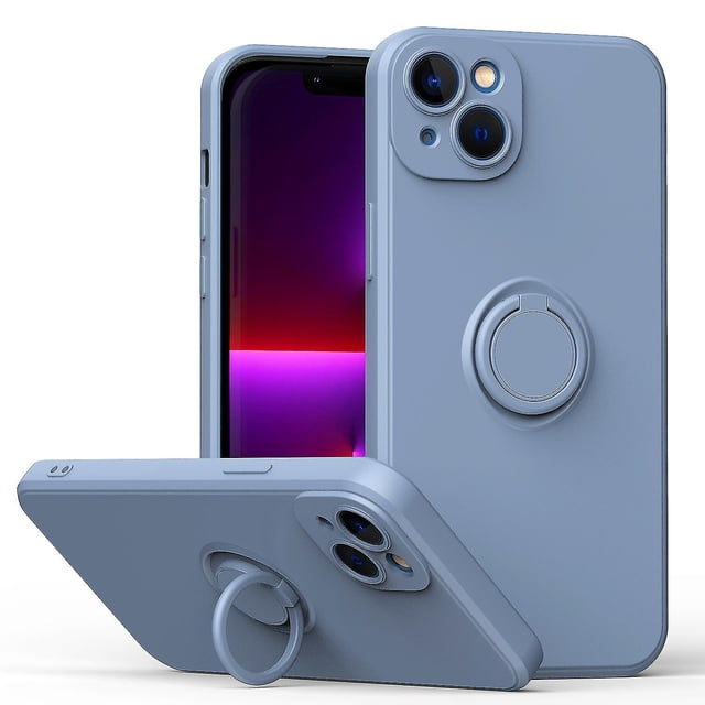 Funda de color sencillo para iPhone 14 Plus con soporte de anillo, placa metálica para carga magnética, diseño antigolpes y soporte giratorio de 360 grados.