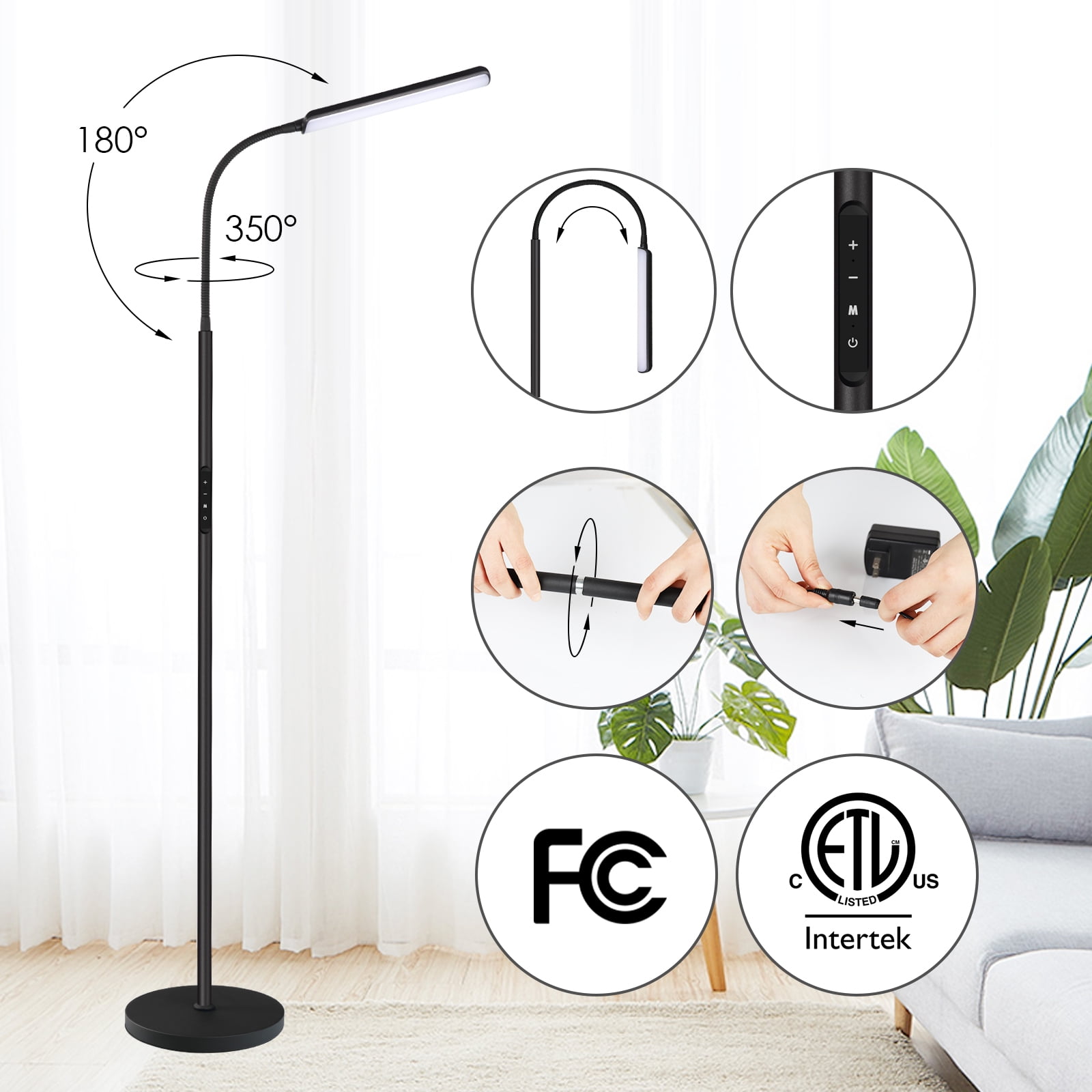 Kapwan LED Floor Lamps for Living Room,3 Color Dimmable Floor Lamp with Remote & Touch Control, Standing Lamp with 1H Timer for Bedroom Office Piano (Black Modern)