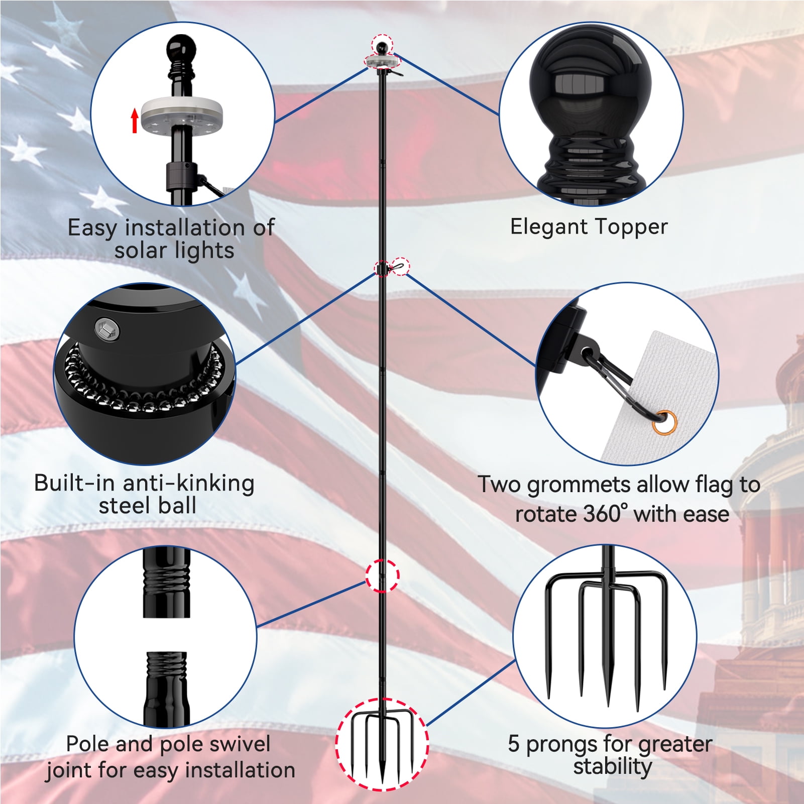 FIASON 9 FT Black Stainless Steel Tangle-Free Flag Pole Kit, Heavy Duty In-Ground Flagpole with Solar Light & 5-Prong Base for Yard, Garden & Commercial Outdoor Use, No Flag Included