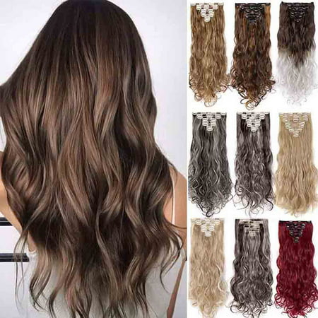 S-noilite Full Head Clip Synthetic in Hair Extensions 8 Piece 18 Clips Hairpiece Long Wave Curly Straight for Women Dark brown ombre Silver gray-140g