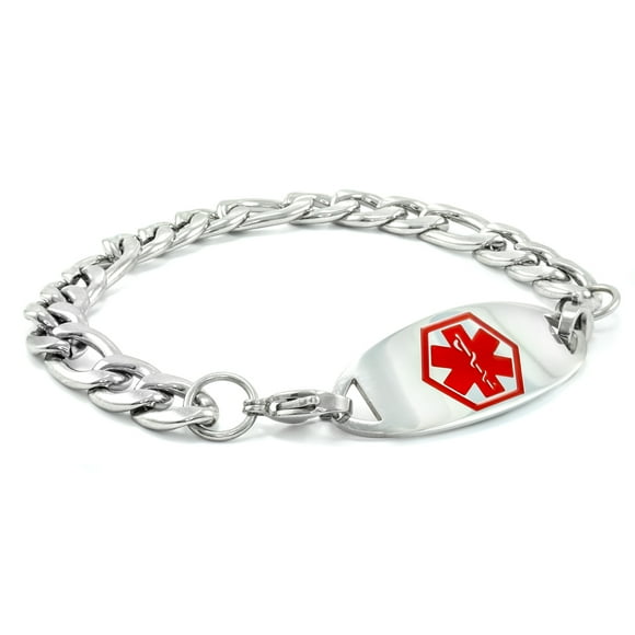 MedicEngraved Surgical 316L Stainless Steel Medical ID 9mm Figaro Link Bracelet with Enamel Medical Tag - Medical Engraving Included