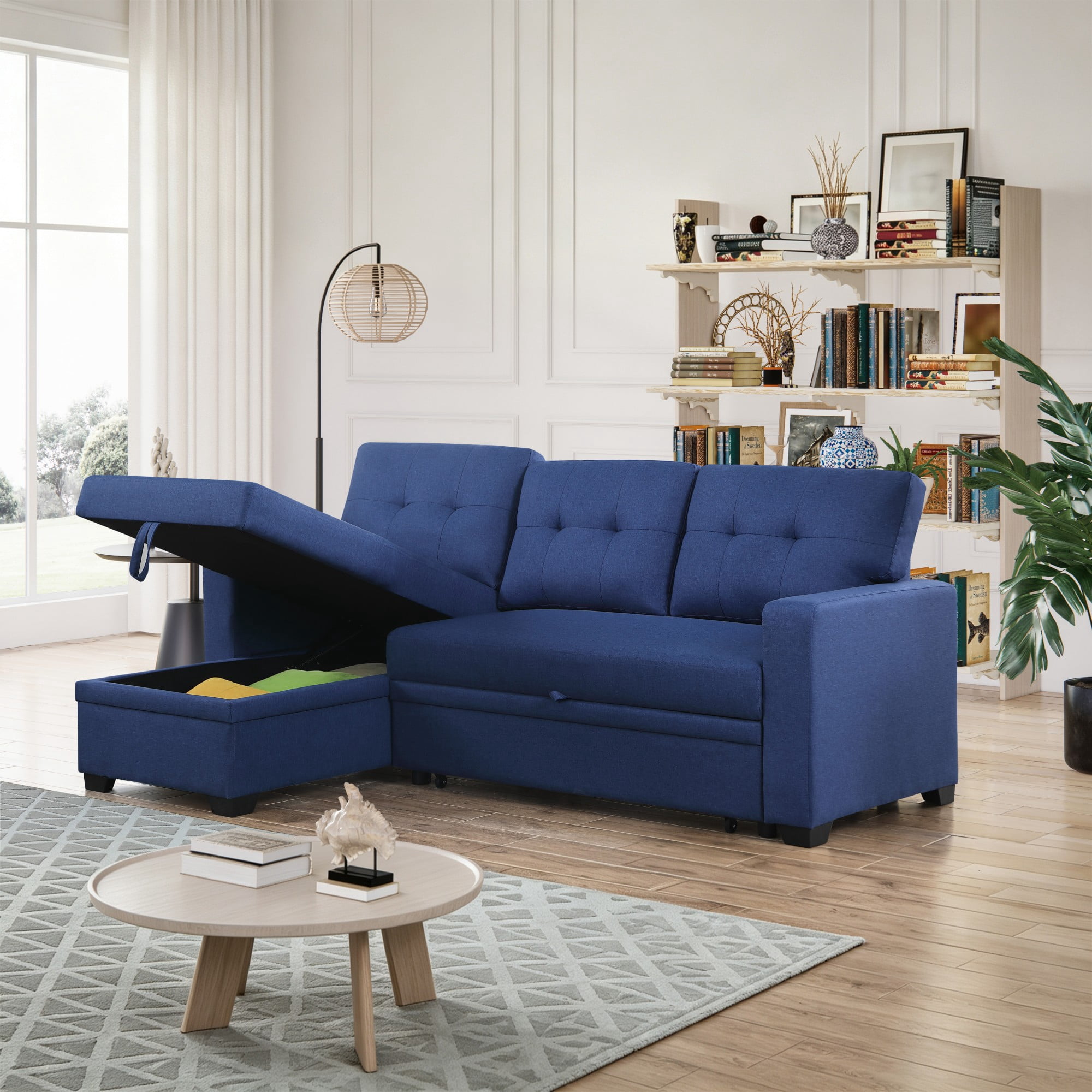 BSHTI 82" 3-Seat Linen Pull Out Sectional Sleeper Sofa with Storage Chaise, Removable Back Cushions for Living Room（Blue）