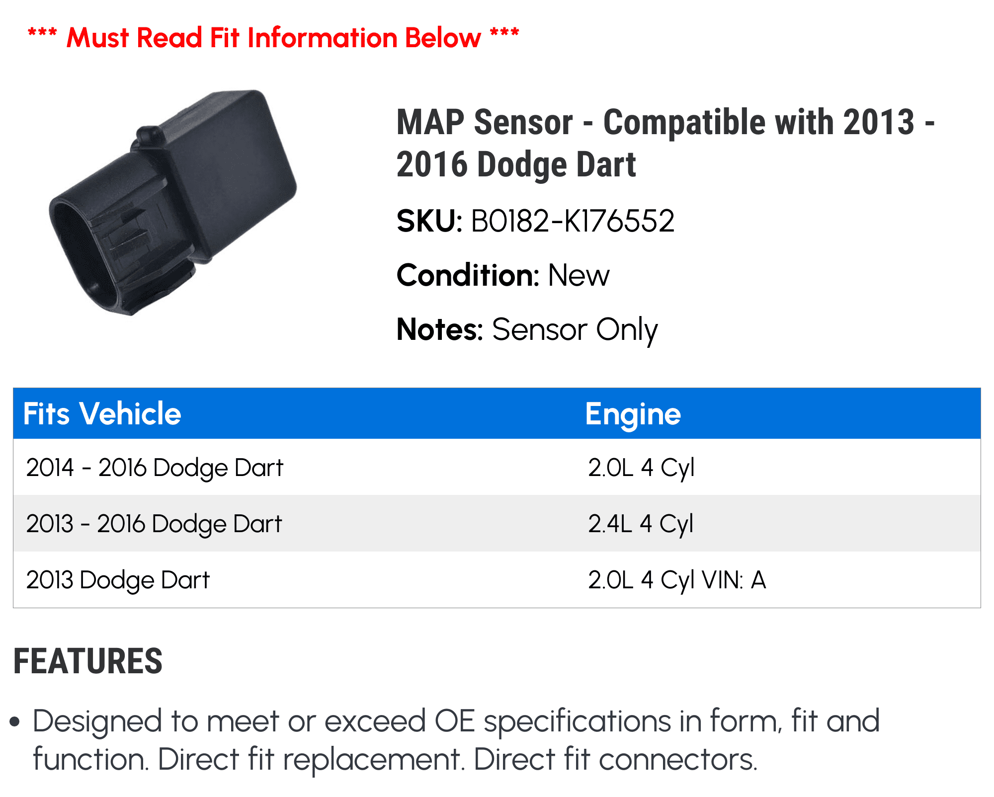 MAP Sensor - Compatible with 2013 - 2016 Dodge Dart 2014 2015