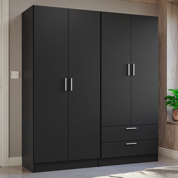 MADESA 4 Doors 2 Drawers Wardrobe Set Armoire Closet Bedroom Storage Cabinet with Shelves and Hanging Space 63"L Wooden Clothing Organizer Unit - Black