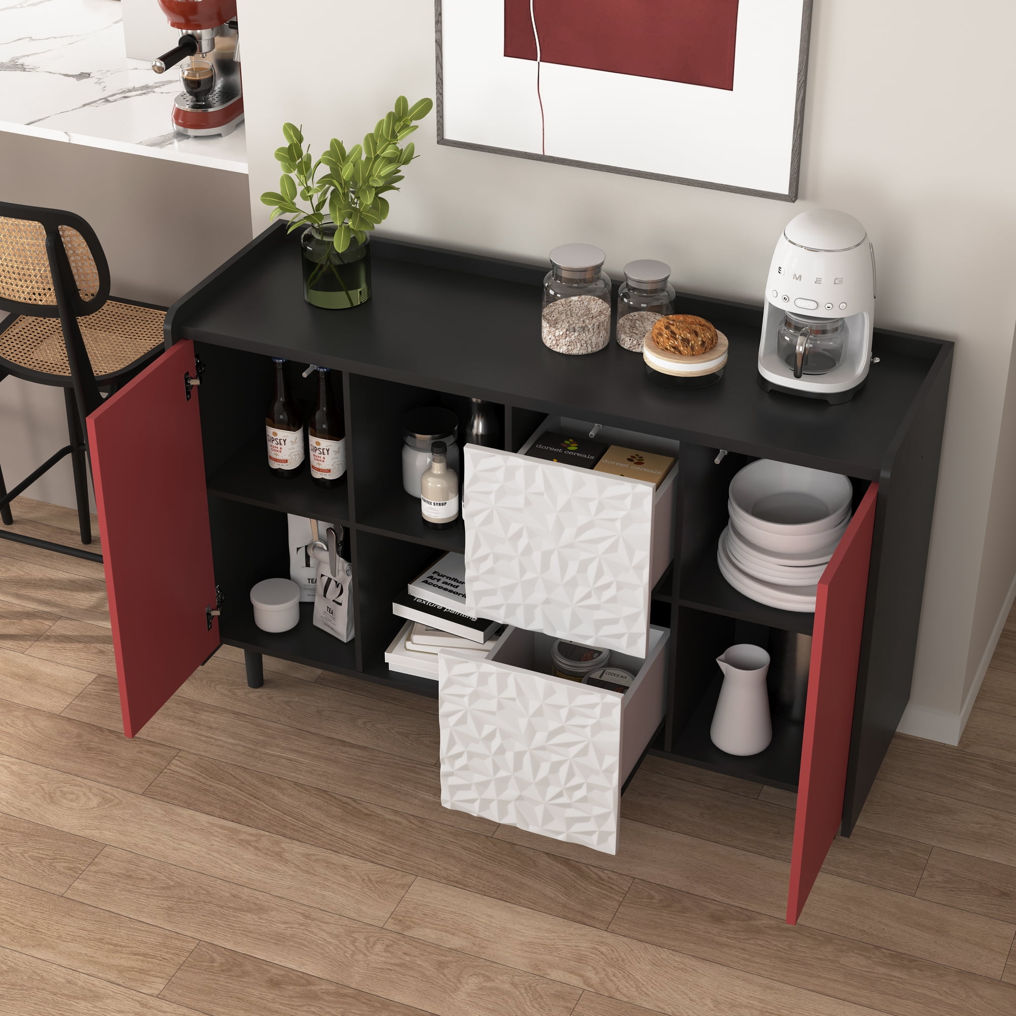 Noble House Sideboard Buffet Cabinet with 2 Drawers and Open Compartments, Black and Red