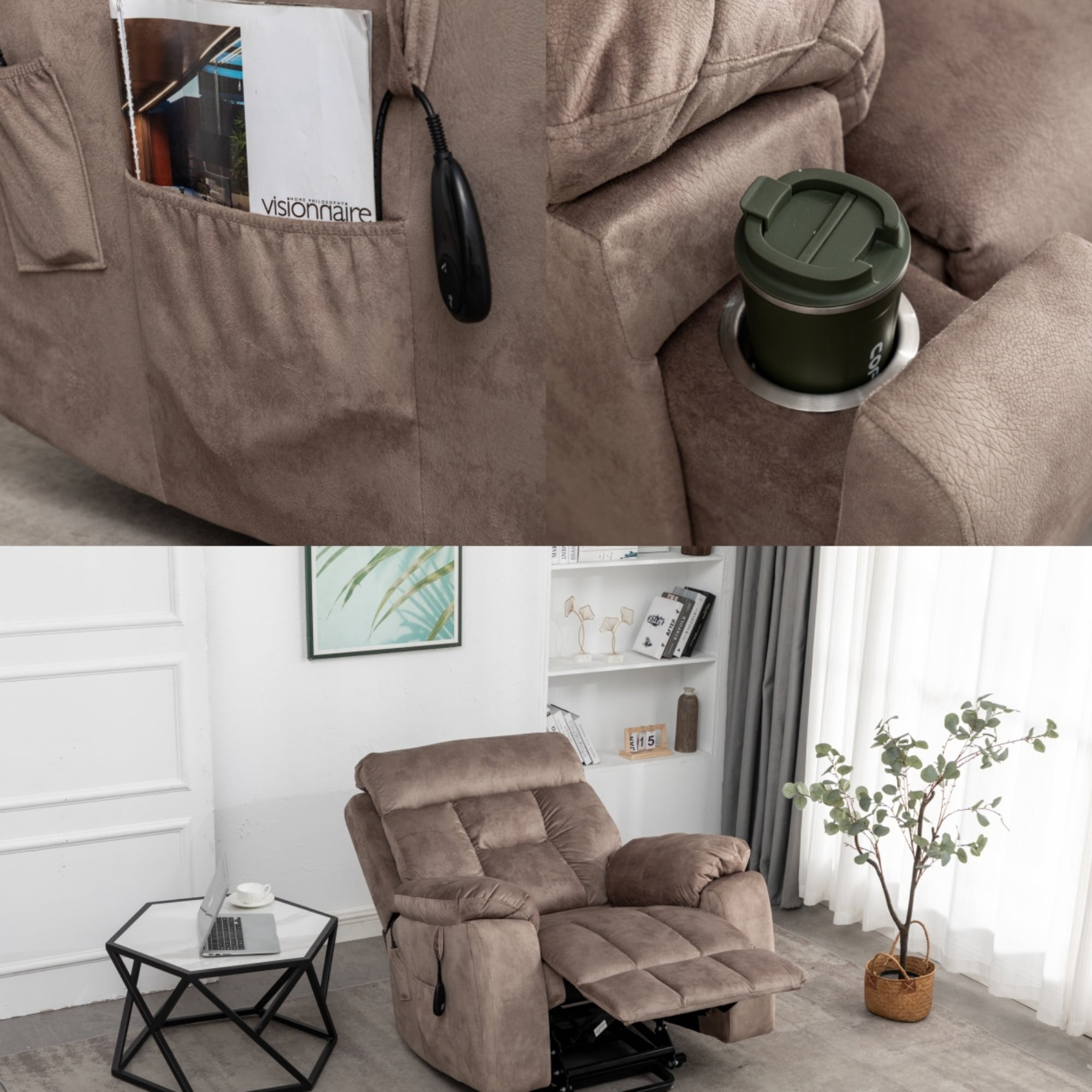 Power Lift Recliner Chair for Father/Mother Gift, 26" Wide Velvet Electric Massage Recliner with Massage & Heat, Living Room Chair, Light Brown