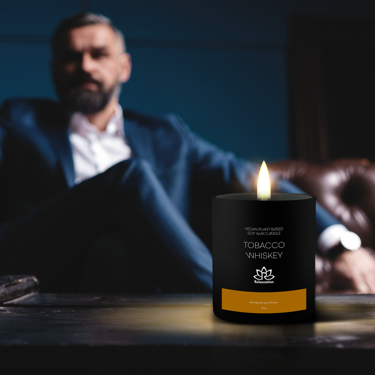 Soy Wax Candle in Glass Jar Warm Spicy Tobacco Whiskey Clean Burn up to 80 Hours Handmade in USA Natural and Safe by Relaxcation 10 oz
