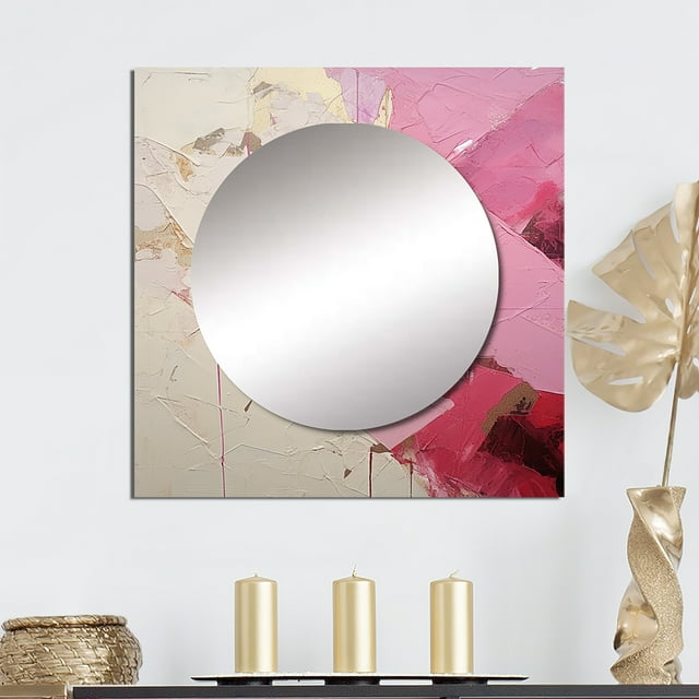 Designart "Minimal Abstract River in Gold and Pink III" Fuschia Square Mirror For Wall Decor - Large Beige Square Printed Wall Mirror Art - Wall Mounted Square Large Mirror