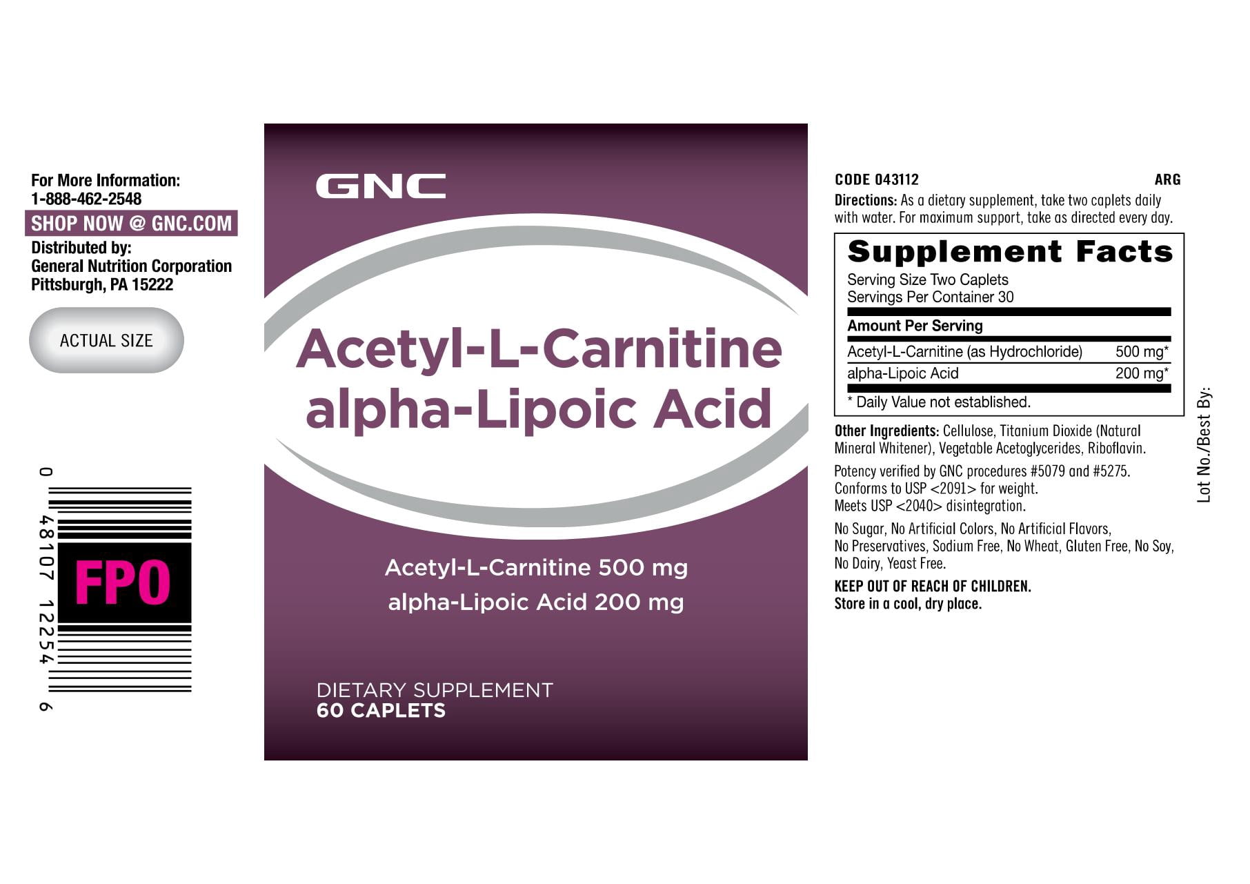 Gnc Acetyl L Carnitine Alpha Lipoic Acid 60 Caplets Walmart Com
