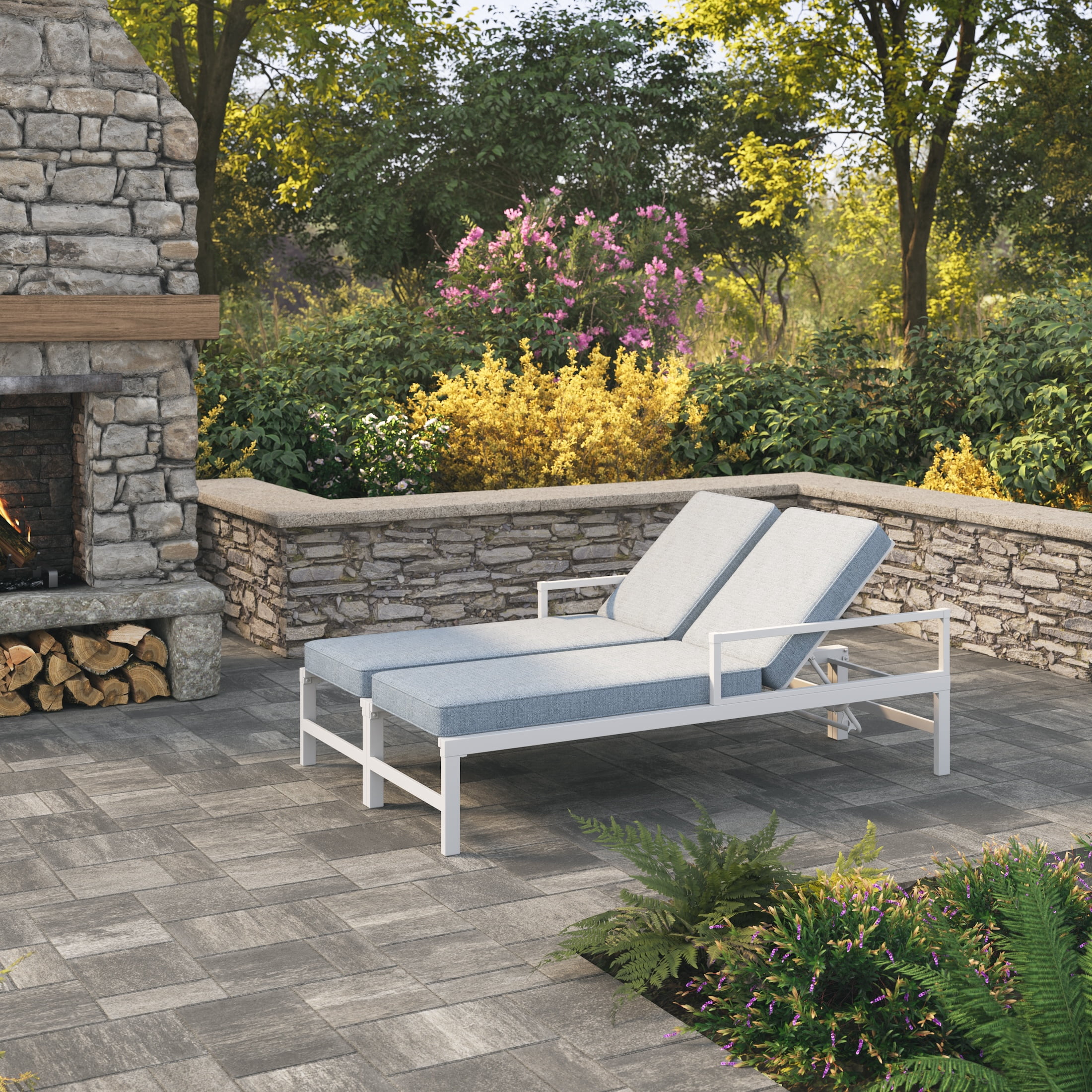 My Texas House Cambria Steel Outdoor Chaise Lounge, Blue Cushions with White Frame