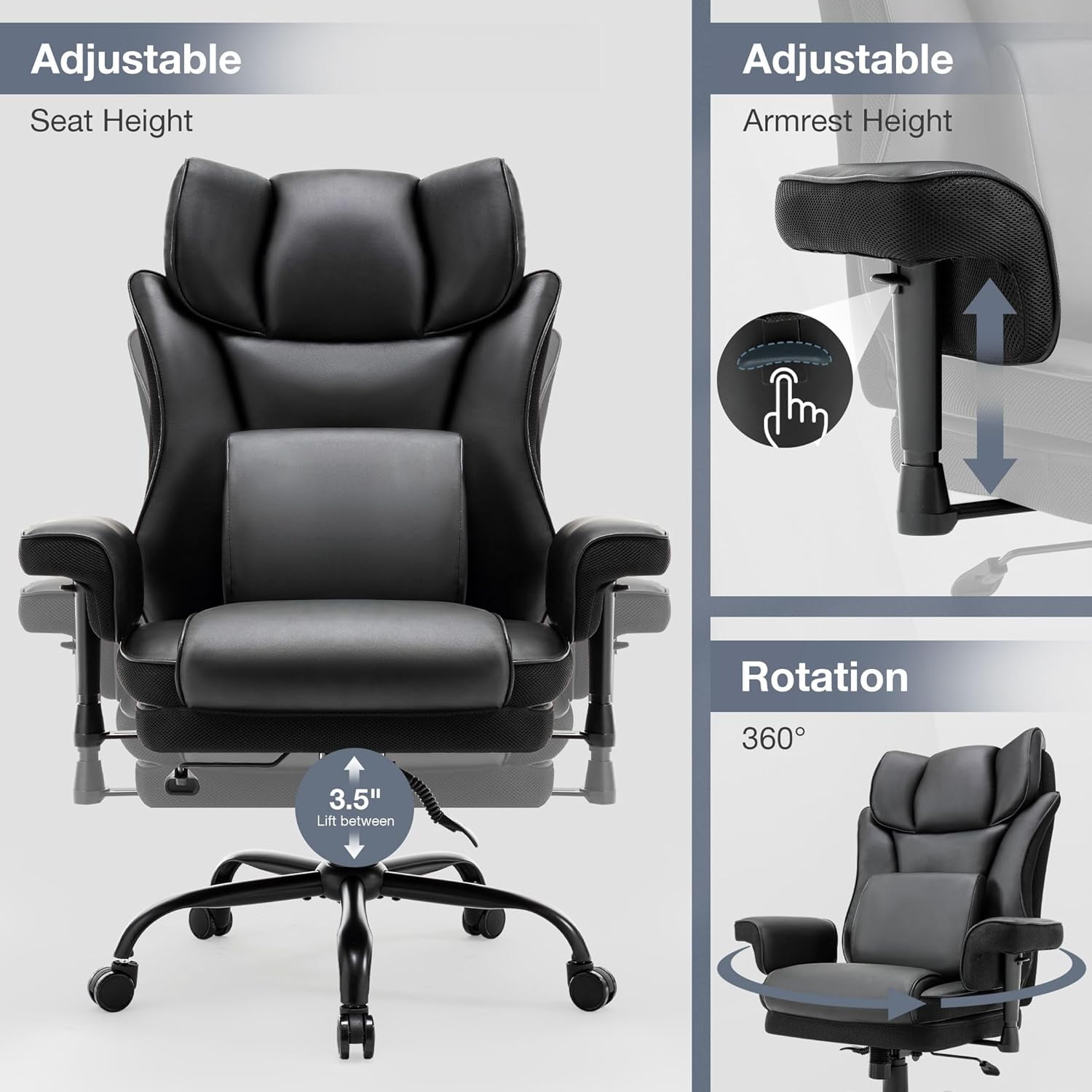 Big and Tall Office Chair, 500lbs Rocking Massage High Back Desk Chair, Ergonomic Executive Office Chair with Adjustable Padded Armrest and Lumbar Support, Adjustable Height(Dark Black)
