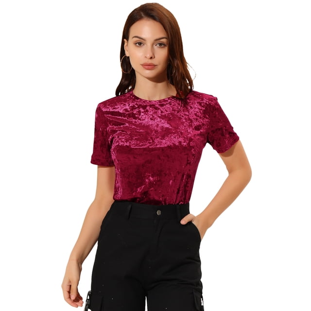Día de San Patricio Camiseta Terciopelo Sólida Casual De Manga Corta Con Cuello Redondo Para Mujer Rojo XS