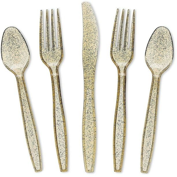 96-Pack Gold Glitter Plastic Silverware, Disposable Cutlery Utensils Set with Spoons, Forks and ...
