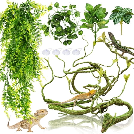 Bearded Dragon Tank Accessories for Habitat, Terrarium Reptile Vines Decor Plants Artificial Leaves Reptile Hide, Leopard Gecko Tank Accessories for Lizard Geckos Chameleon Snake