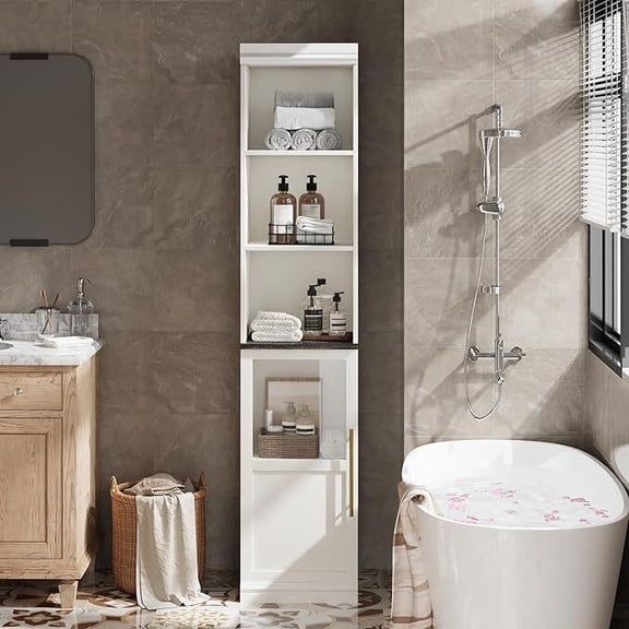 70" Bathroom Storage Cabinet, Slim Freestanding Bathroom Cabinet with Door and Open Shelves Boards, Tall Narrow Floor Cabinet for Small Space, Kitchen, Laundry (White)