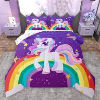 Manfei Cute Cartoon Unicorn Full Size Comforter Sets,Colorful Rainbow Stripe Bedding Comforter Set,Gold Stars Print Bedding Sets For Girls,Luxury Bedroom Decor Reversible,3 Pieces