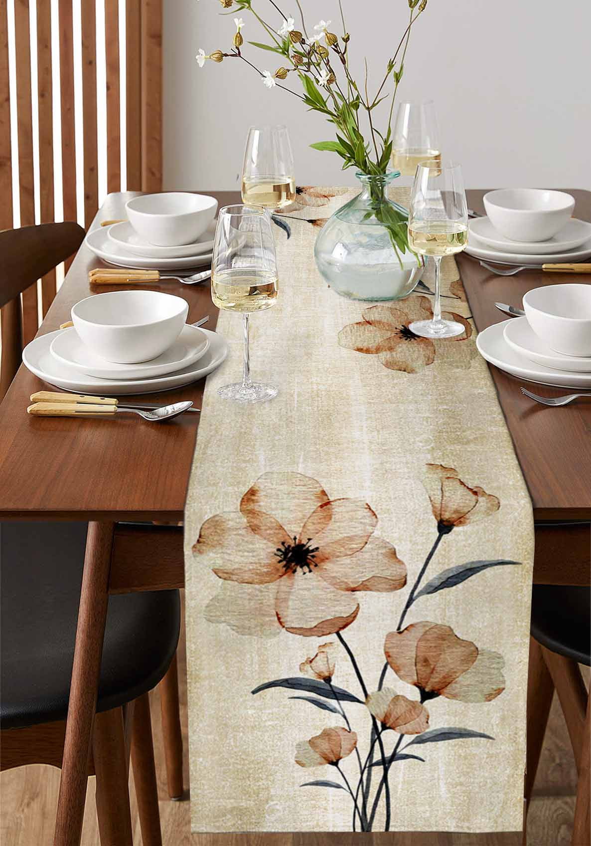 Table Runner Dresser Scarf 14 x 72 Inch Abstract Gradient Brown Flowers Floral Table Runners Non-Slip Heat Kitchen Dining Table Decor for Indoor Outdoor Home Party Decoration