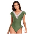 thumbnail image 3 of Huesdet Womens Tummy Control Bathing Suits V Neck Cute One Piece Swimsuits Lace Up Ruffle Swimsuit[AG,S], 3 of 9