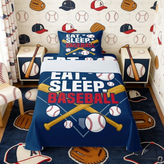 Erosebridal Eat Sleep Baseball Twin Sheet Sets, Sport Bedding for Boys and Girls, 3-Piece, 1 Flat Sheet, 1 Fitted Sheet and 1 Pillowcase