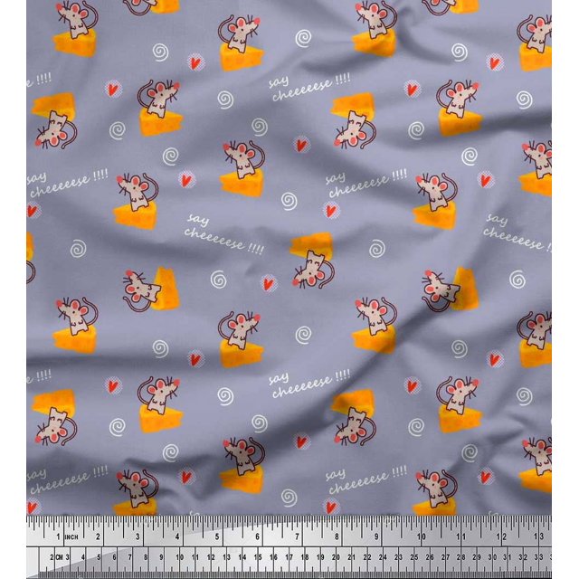Soimoi Grey Modal Satin Fabric Cheese Slice & Rats Kids Print Sewing Fabric Yard 42 Inch Wide