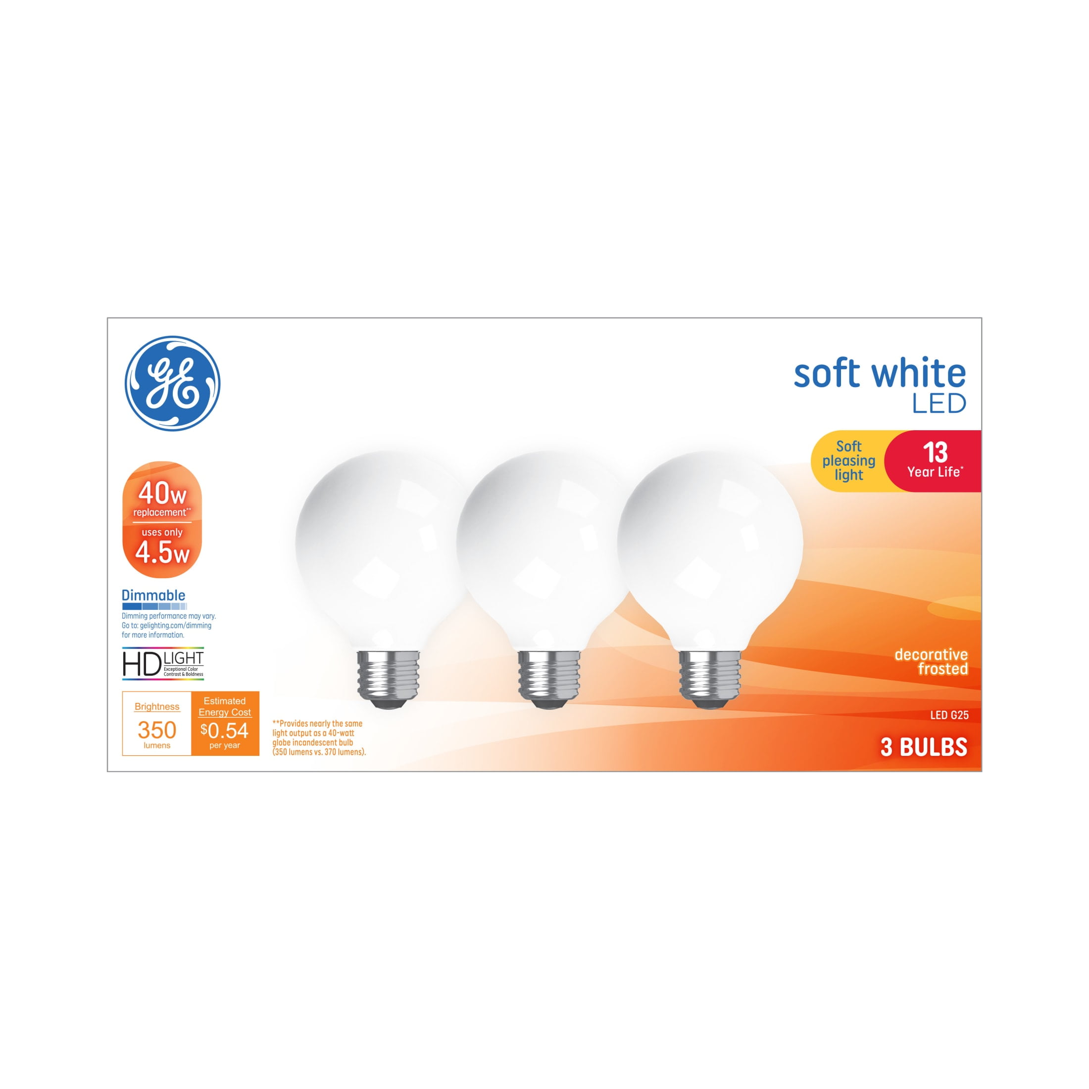 (3 pack) GE LED Light Bulbs, 40 Watts, Soft White, G25 Globe Bulbs, Frosted Finish, 13yr, 3pk