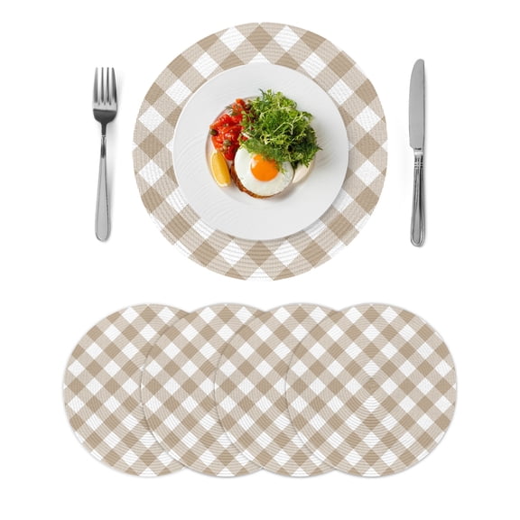 Minimalistic Checkered Beige Rural Style Round 15 Inch Placemats Set of 4, HeatResistant Non Slip Place Mats for Dining Table, Wipeable Braided Kitchen Table Mats for Housewarming