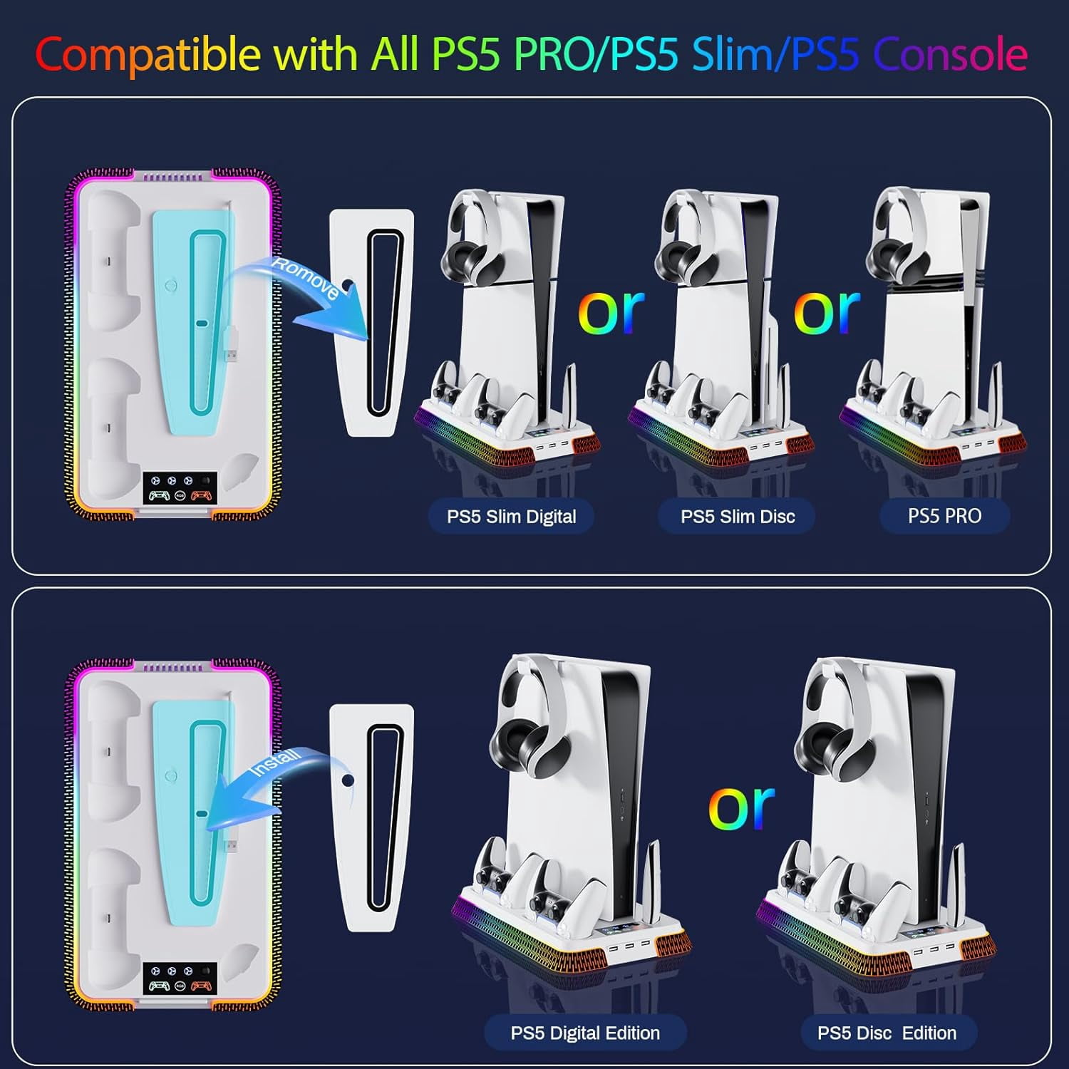 PS5/Pro/Slim Stand and Cooling Station with Controller Charging Station, 3-Level Cooling Fan, Dual PS5 Controller Charger, Headset Holder, Game Storage for PlayStation 5 Digital/Disc Console