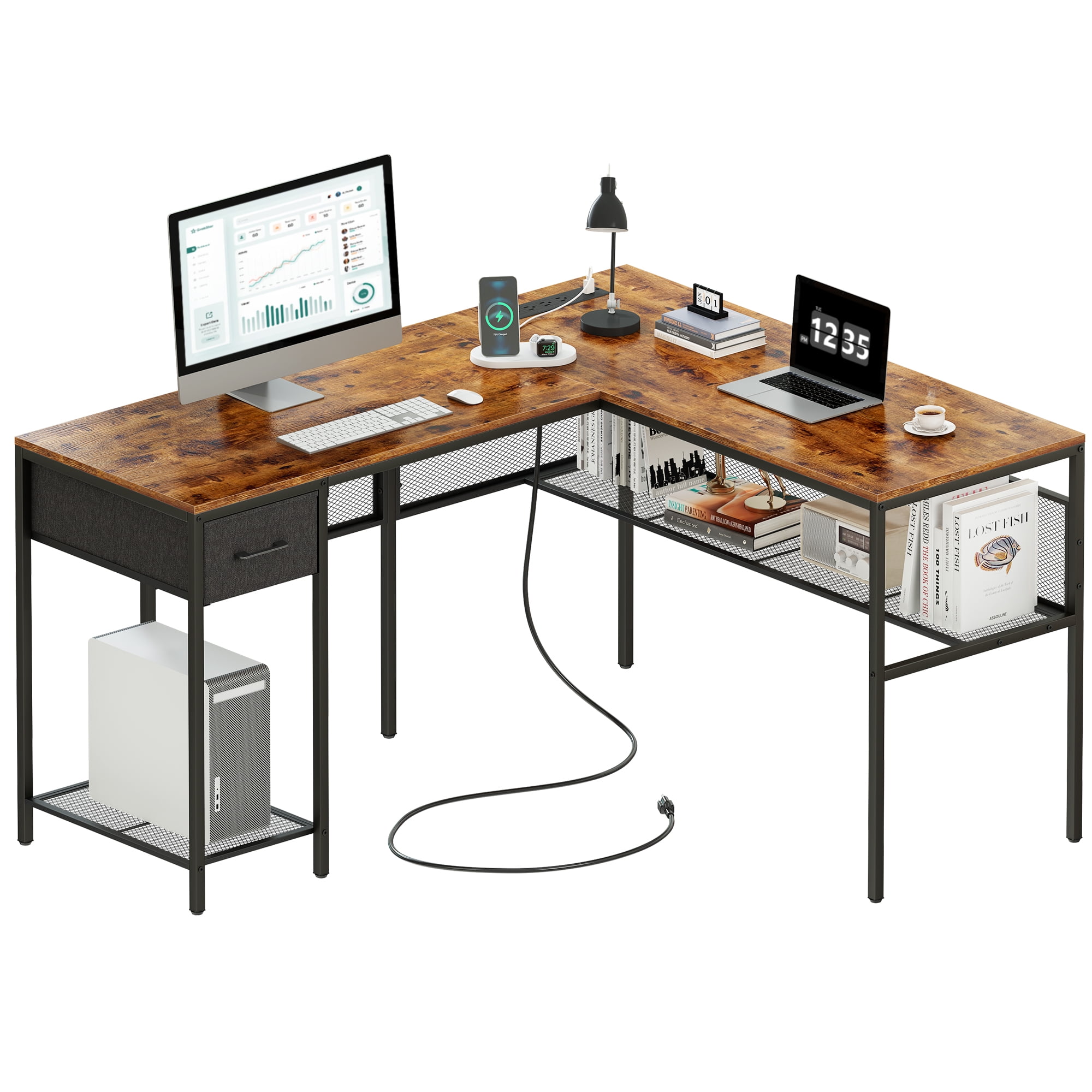 SUPERJARE L Shaped Desk with Power Outlets, Reversible Computer Desk