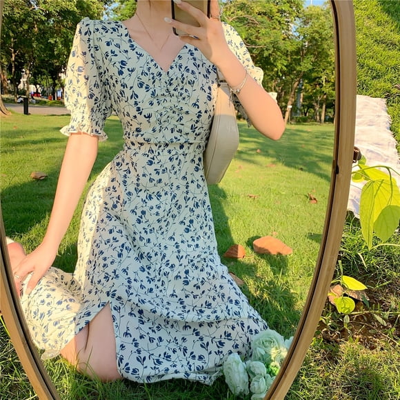Floral Dress for Women Party French Vintage Retro Office Lady Casual Club Mini Sexy Dresses Summer - White / XL / CN