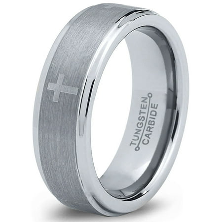 Tungsten Wedding Band Ring 6mm for Men Women Comfort Fit Christian Cross Step Beveled Edge Brushed Lifetime