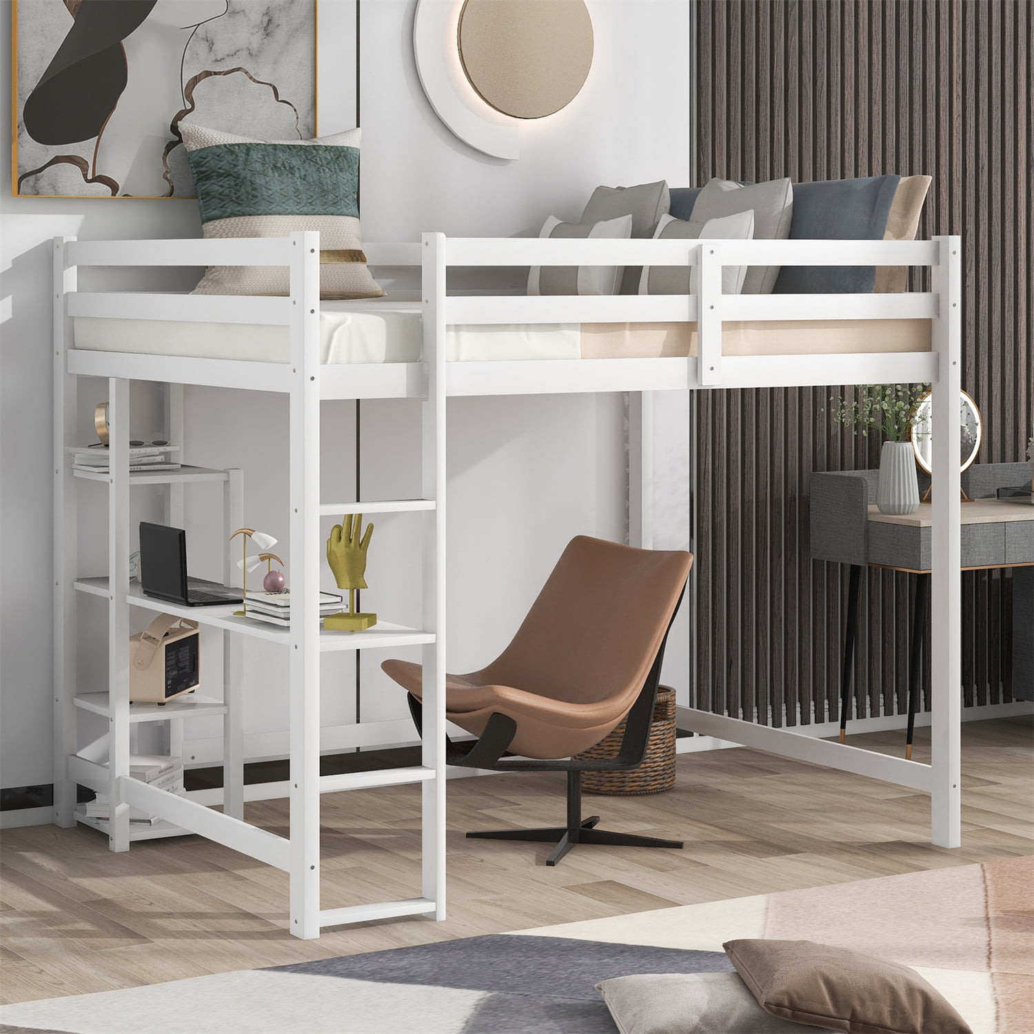 Full Size Loft Bed with Desk and Bookshelf, Wood Loft Bed Frame with Ladder  and 11 inch Height Guardrail for Kids Teens, White - Walmart.com