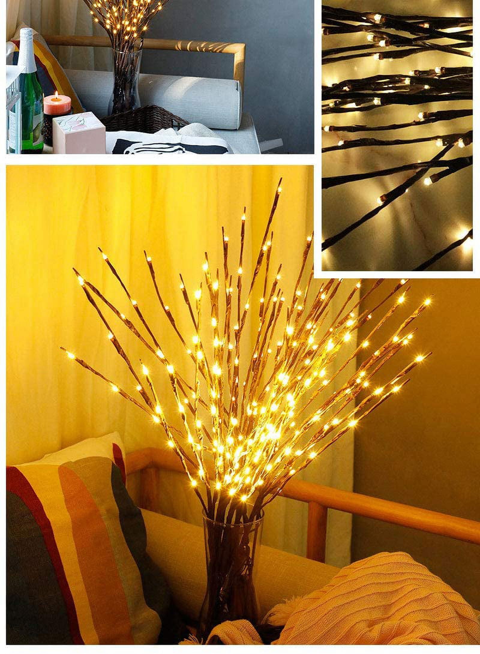 Lxcom Lighting LED Branch Lights 3 Pack 20 LEDs Decorative Branches Battery Operated with Timer Brown Willow Twig Lighted Branches Warm White