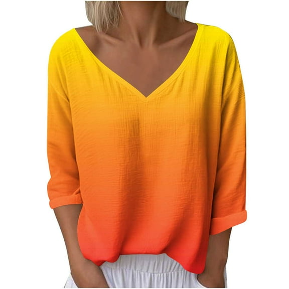 Fmbrln Womens Gradient Print Shirts Fashion Casual V Neck Long Sleeve Shirts Loose Comfy Pullover Tops Fall Trendy Clothing Orange XL
