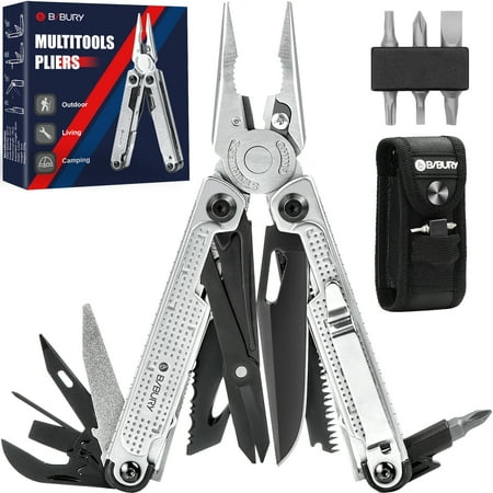 BIBURY Multitool Pliers Stainless Steel Multi Tool with Upgraded Rope Cutter and Screwdrive Foldable Self-locking Multitools with Nylon Pouch Ideal for Camping Hiking Survival Repair