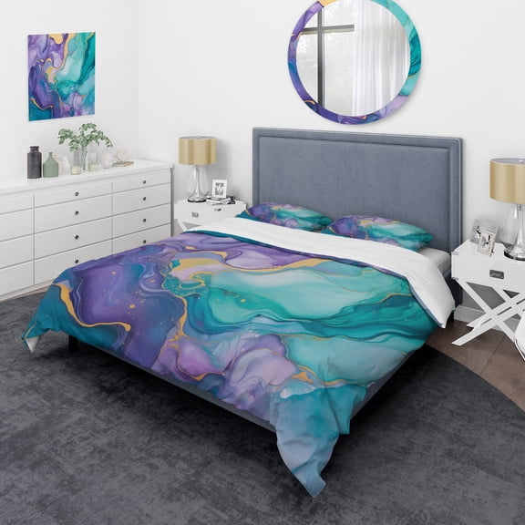 Designart "Liquid Art in Turquoise and Purple II" Fractals Bedding Covert Set - Abstract Turquoise Modern Bed Set With 2 Shams