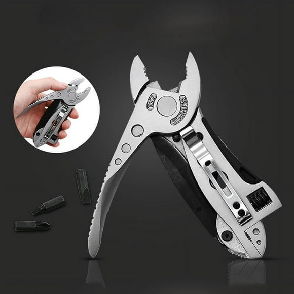 Alicates multiusos para exteriores con llave, cuchillo y puntas de destornillador. Construcción de acero inoxidable, mecanismo de bloqueo, tamaño plegado: 122 mm, apertura máxima: 175 mm.